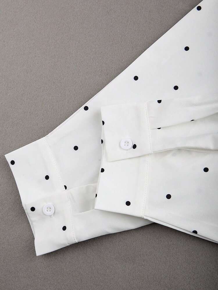 Franclia 2-częściowy damski biały, haftowany w kropki, obszerny zestaw: koszula z długim rękawem i szorty, uniwersalny na co dzień, do pracy, na co dzień i do domu - Biały - Zobacz 7