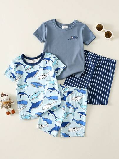 SHEIN 4pcs/Set Baby Boy Cute Summer Knit Ocean Cartoon Pattern Bodysuit Pajama Set, Basic Multi-Piece Loungewear Set