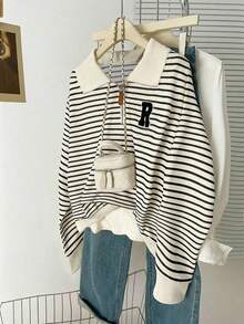 Franclia Women's Letter Embroidery Zip-Up Polo Collar Long Sleeve Striped Casual Sweatshirt - Apricot - View 1