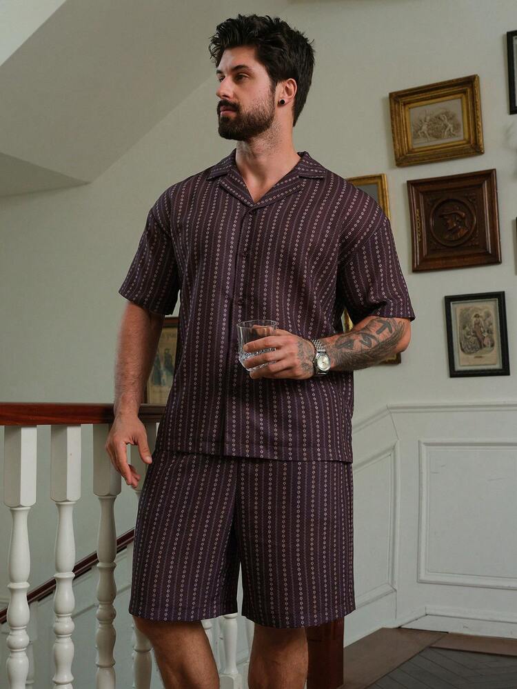 Men's Striped Short Sleeve Shirt And Shorts Pajama Set, Summer
