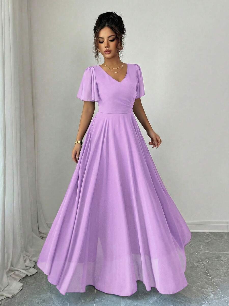 Elenzga Carnival Purple Ruffle Sleeve V-Neck A-Line Dress, Elegant & Romantic - Mauve Purple - View 1