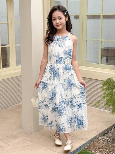 DAZY Tween Girl Floral Print Ruffle Casual Vacation Everyday Dress