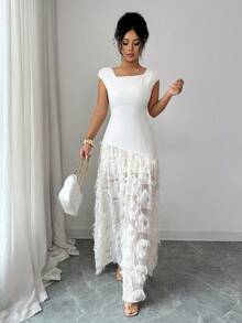 SHEIN Elenzya 优雅杏色长款连衣裙，A字型方领短袖荷叶边下摆设计 - 杏色 - 查看 5