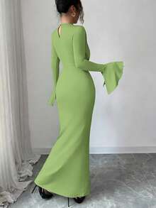 Elenzga Women's Spring Elegant Elegant Simple Solid Color Ruffle Sleeve Metal Decor Pleated Waist Dress - Limelight Green - View 2