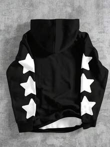 SHEIN 街头服饰青少年男孩休闲卡通印花宽松长袖连帽衫运动衫时尚经典酷炫十字印花牛仔裤 Y2K 风格服装 - 黑色 - 查看 3