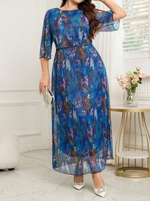 Reflora 大码全印花优雅圆领通勤连衣裙 - 藍色 - 查看 3