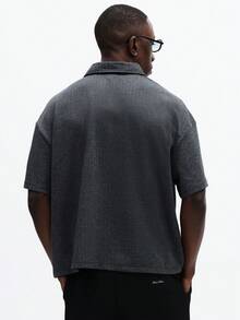 SUMWON Relaxed Herringbone Collared Short Sleeve Casual Polo Shirt For Weekend Wear Spring Summer Plain - Black - View 2