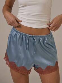 MUSERA Shorts mini con aspecto de satén y ribete de encaje, primavera-verano, estilo cottage core, casual y acogedor - Azul Marino - Ver 1