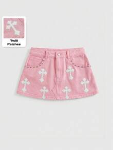 ROMWE Grunge Punk 女士刺绣十字贴片斜插口袋迷你牛仔裙 - 粉色 - 查看 1