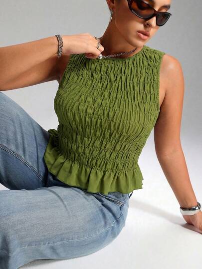 LYSMO Plus Size Women Boho Elastic Ruched Camisole Tank Top, Summer Pleated Top Green Top Women Green Summer Top Women Sleeveless Tops