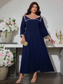 Al Najma Đầm dài tay dáng rộng thoải mái kiểu Ả Rập dành cho nữ cỡ lớn, khoét ren, phối ren, kiểu dáng thường ngày. - Màu xanh hải quân - Xem 5