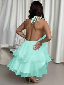 Firerie Elegant Romantic Date Backless Layered Hem White Organza Halter Neck Puff Dress, Suitable For Valentine's Day ,Summer Dress - Green - View 2