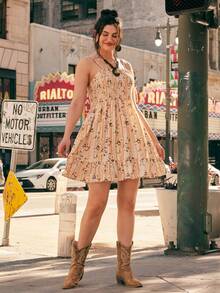 SHEIN VCAY Đầm hai dây in hoa cỡ lớn dành cho nữ, kiểu dáng đi nghỉ mát. - Màu be - Xem 8