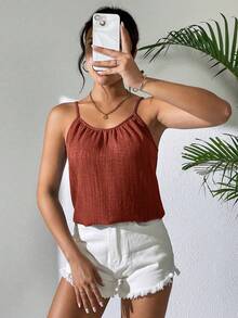 Balvessa Camiseta de tirantes plisada de unicolor casual para mujer, verano - Naranja Quemada - Ver 7