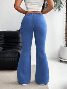 Flexra 大码女式不对称腰身休闲百搭喇叭裤 - 藍色 - 查看 2