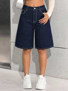 SHEIN Quần jeans ống rộng dài đến gối cho nữ teen, phong cách streetwear Y2K vintage retro thập niên 2000, màu wash, dáng boyfriend baggy, thiết kế phối đồ linh hoạt, mặc đi học mùa thu, mặc hàng ngày, đi rave festival và dạo phố mùa xuân hè - Màu xanh lam - Xem 3