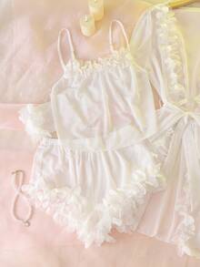 DelicateAllure 3件套女士性感网纱吊带背心、蕾丝边上衣和睡袍睡衣套装，白色 - 白色 - 查看 11