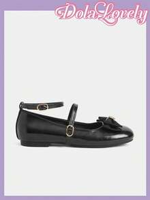 Dola Lovely Women's Black Patent Leather Bow Metal Rose Mary Jane Flat Shoes, Ankle Strap Lolita Style JK Outfit - Black - View 2
