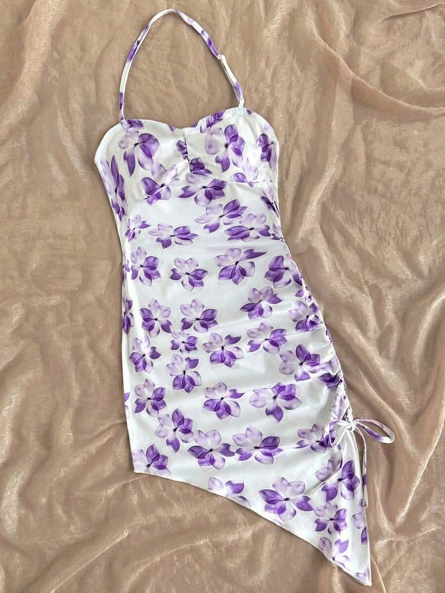 SHEIN 少女可爱碎花不对称下摆露背修身中长连衣裙，度假风，蝴蝶结，节日优雅复古少女碎花紫色连衣裙，淡紫色连衣裙，紫色碎花连衣裙 - 淡紫色 - 查看 1