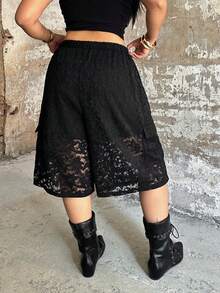 Sunspun Plus Size Y2K Sporty Casual Lace Loose Shorts, Spring/Summer - Black - View 2