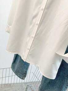 Resyla Women's Casual Everyday Commute Bow Decor Dropped Shoulder Loose Long Sleeve White Blouse, Spring/Autumn - Baby Blue - View 5