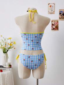 Swim Mod 2pcs Women Plaid, Cherry, Star Random Print Cute Sweet Summer Beach Vacation Bikini Set - Multicolor - View 2