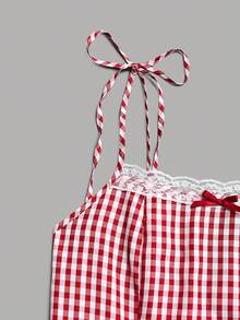 GlowEve 畅销款红白格纹吊带蝴蝶结蕾丝边腰部荷叶边下摆休闲迷你连衣裙，女士 - 紅色 - 查看 7