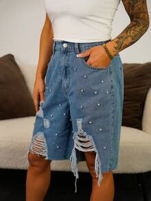 SAYEHFBABY Quần short denim nữ cạp thấp, rộng rãi, rách 5 điểm, họa tiết kim cương Bermuda / Quần short denim xanh nhạt / Quần áo mùa thu nữ / Trở lại trường / Quần áo đồng quê nữ / Quần áo hòa nhạc đồng quê / Quần áo nữ cổ điển / Quần áo đi chơi / Quần áo sân bay nữ / Trang phục đường phố nữ / Quần áo nữ phong cách Y2K - Rửa trung bình - Xem 1
