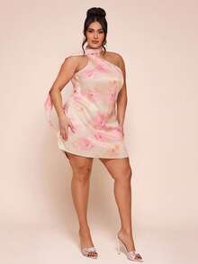 SHEIN BAE 大码女式春夏缎面印花无袖露背吊带迷你连衣裙 - 粉色 - 查看 7