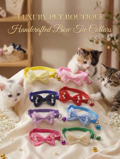 PETSIN 1 Piece Pearl Mesh Pet Collar With Bow Decorative Bell Pendant, Comfortable And Skin-Friendly, Adjustable Pet Xiang'quan, Suitable For Daily Wear Of Small And Medium-Sized Dogs And Cats, Outdoor Walking, Holiday Party Pet Accessories, Cute Pet Collar, Lightweight Pet Collar