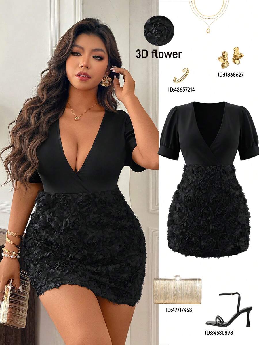 Femmeverse Vestido mini ajustado de satén con cuello en V y manga corta, con parches florales 3D para mujer de talla grande