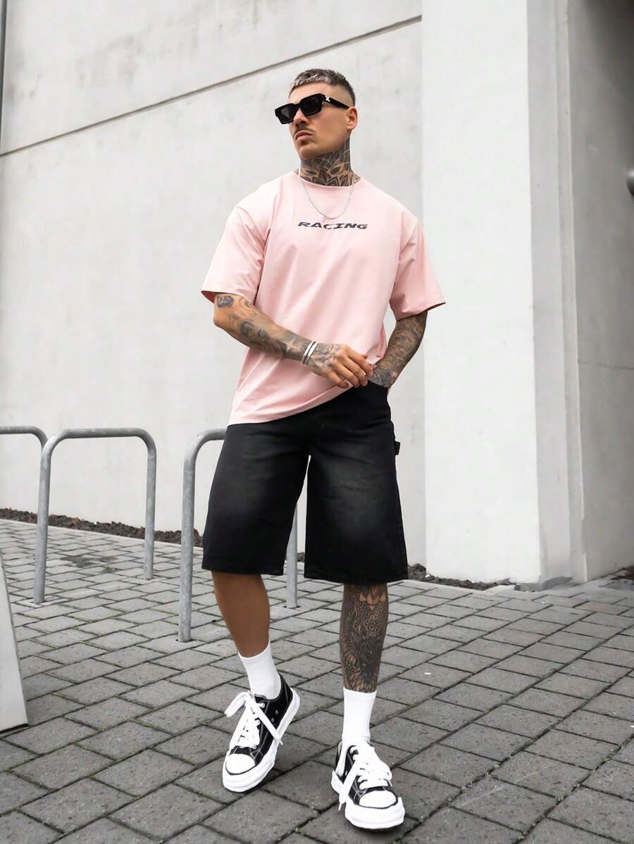 Artur Kramer 男士宽松阔腿休闲牛仔百慕大短裤，Emo 风格
