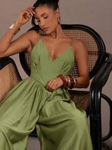 Hauture 女士性感休闲深V领前开衩收腰超宽露背长裙 - 綠色 - 查看 5