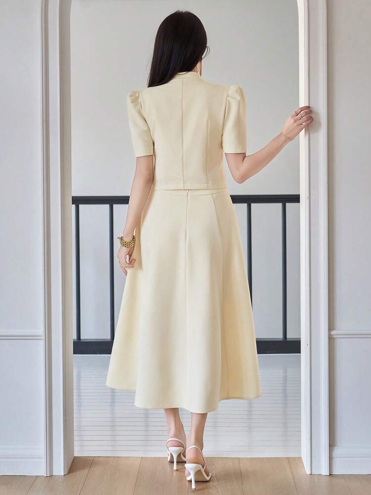 Women's Elegant Solid Color Stand Collar Puff Sleeve Faux Pocket Shirt & Skirt 2-Piece Set, Spring/Summer,Wedding Guest Dress Women
