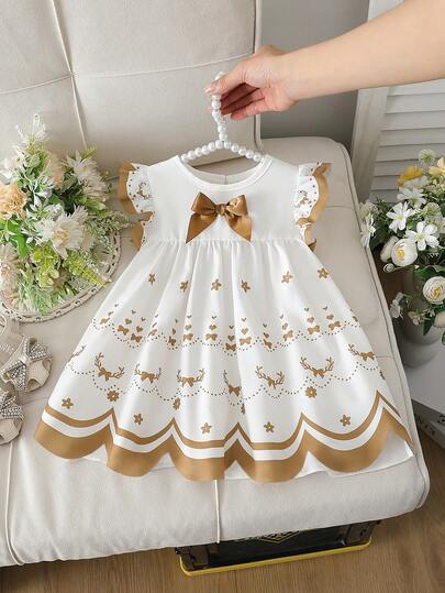 SHEIN Infant/Baby GirlWhite Fabric Round Neck Dress With Brown Satin Bow, Ruffle Sleeves, Foot Print & Heart Embroidery, Fresh & Sweet Pastoral Style, Lightweight For Summer