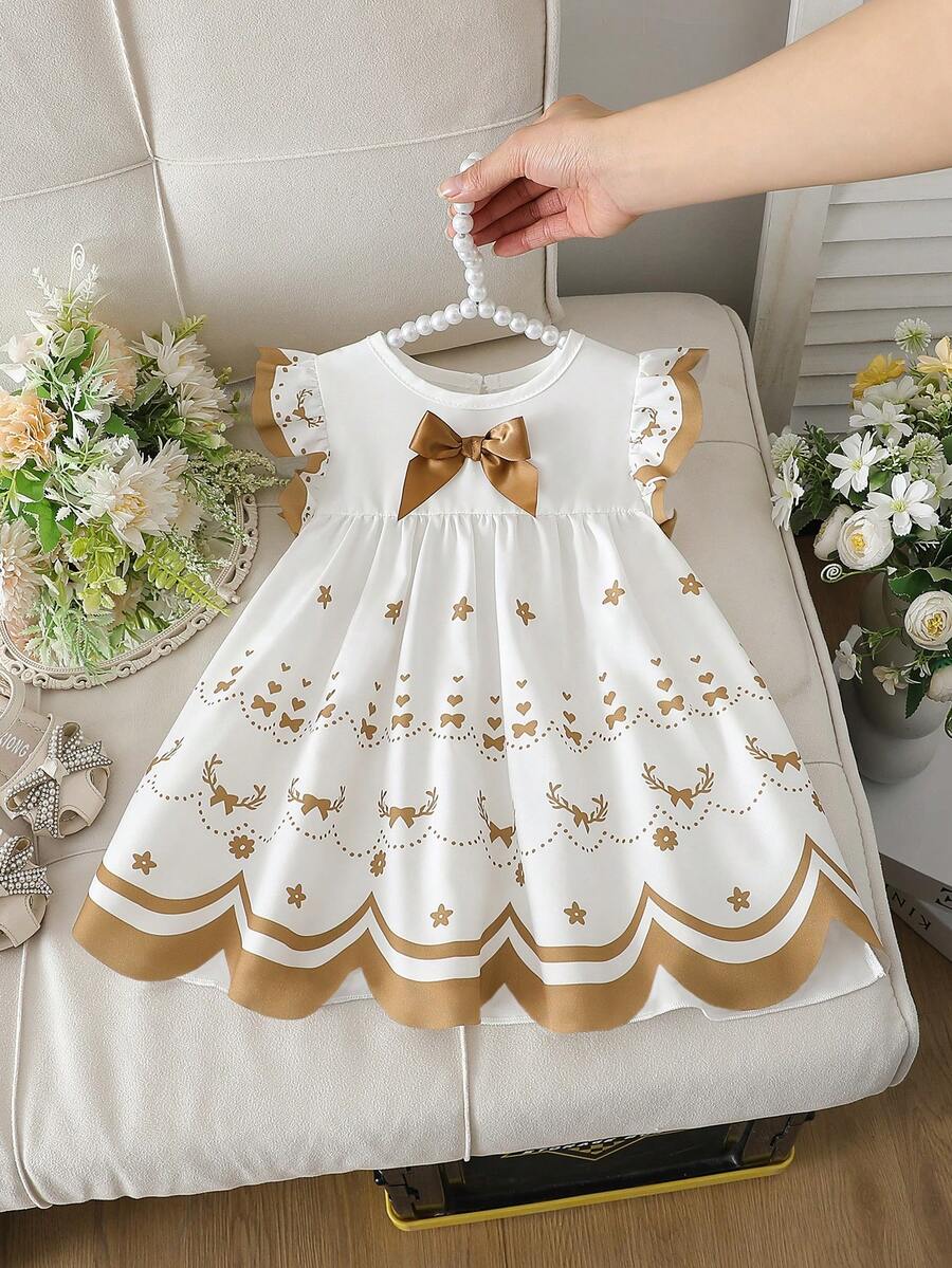 SHEIN Infant/Baby GirlWhite Fabric Round Neck Dress With Brown Satin Bow, Ruffle Sleeves, Foot Print & Heart Embroidery, Fresh & Sweet Pastoral Style, Lightweight For Summer - Multicolor - View 1