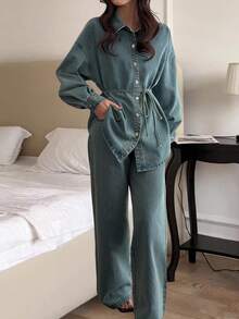 DAZY Women's Casual Loose Vacation Style Cinched Waist Shirt And Wide Leg Pants Set, Spring/Summer - Blue - View 4