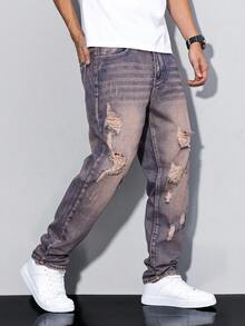 Manfinity Homme Men's Casual Loose Straight Leg Distressed Pockets Denim Jeans - Multicolor - View 5