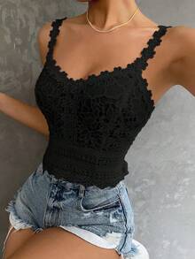 Breezaya Áo hai dây ôm sát cơ thể tối giản màu trơn, chất liệu có họa tiết, dành cho nữ, thích hợp cho mùa hè. - màu đen - Xem 3