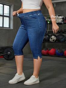 Flexra 大码女式高腰口袋修身休闲百搭七分牛仔裤 - 深色水洗藍 - 查看 5