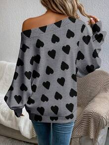 EMERY ROSE Áo len dệt kim dáng rộng, họa tiết trái tim, vai lệch, cỡ lớn, thích hợp cho mùa Thu/Đông. - Xám - Xem 2