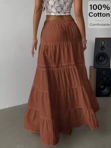 Siren Gaze 2025 波西米亚风女士沙滩裙 - 高开叉亚麻混纺多层长裙，松紧腰带和蕾丝花边，音乐节必备单品和度假单品 | 夏季 A 字裙，女士夏季单品，度假女士沙滩裙 - 咖啡棕 - 查看 5