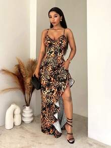 SHEIN BamGlam Sexy Suspender Animal Pattern High Slit Dress - Black - View 3