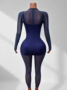 BamGleam Mock Neck Long Sleeve Splicing Hollow Out Jumpsuit, Sexy & Slim Fit - Royal Blue - View 2