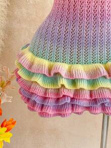 Soleia New Knitted Halter Neck Tie Strap Multi-Layer Ruffle Hem Mini Dress, Suitable For Party, Date, Valentine's Day, Easter, Carnival, Afternoon Tea, Beach, Cruise, City Vacation, Autumn/Winter Layering - Multicolor - View 6