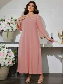 Al Najma Plus Size Women Hollow Out Lace Patchwork Long Sleeve Casual Loose Arabic Style Dress - Dusty Pink - View 4