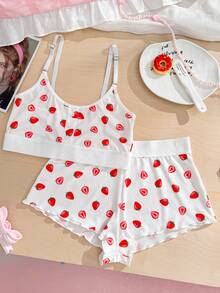 PetitDoll 2件套女士“甜美”字母印花腰带内衣套装 - 紅白色 - 查看 6