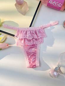 Women's Lace Patchwork Thong Panties, Valentine's Day - Pink - View 6