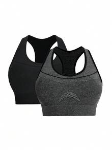 SHEIN 2 piezas Top y Camiseta de Ropa Deportiva de Punto, Camiseta Ajustada, Camiseta de Fitness, Camiseta Deportiva Sin Costuras Talla Grande - Multicolor - Ver 3