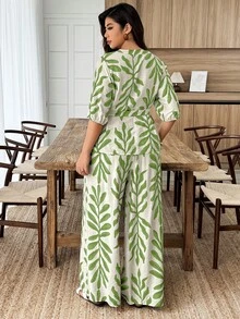 Weeklong Bộ đồ hai mảnh dành cho nữ cỡ lớn, gồm áo sơ mi in họa tiết lá màu trơn và quần ống đứng, thích hợp cho kỳ nghỉ xuân/hè. - Nhiều màu - Xem 2